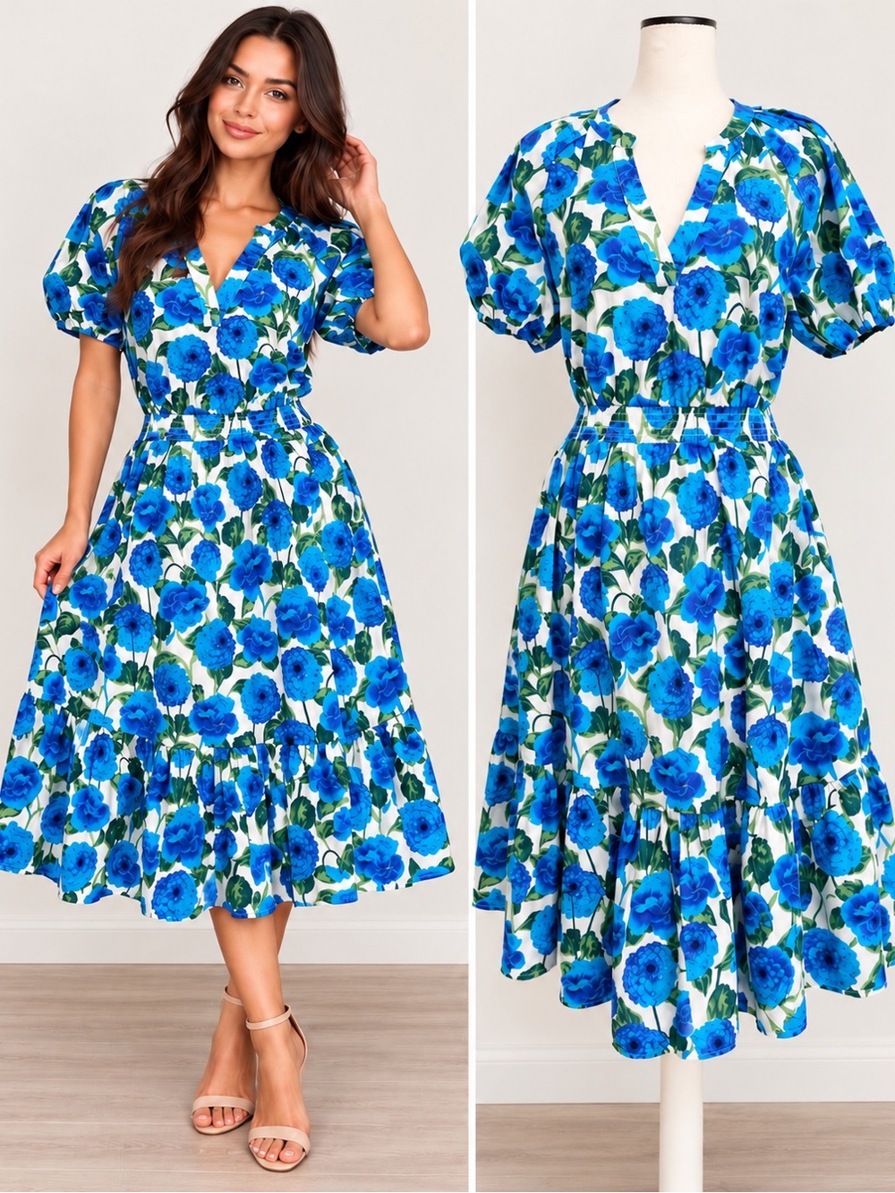 New York & Company Floral Midi Dress Blue White Cotton Smocked Waist Size M